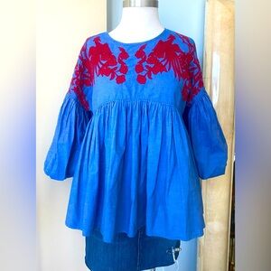 Vince XS blue denim with red embroidered neckline pullover blouse tunic top